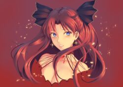  ark_ford bare_shoulders blue_eyes breasts brown_hair cleavage commentary_request earrings fate/grand_order fate_(series) female hair_ribbon highres jewelry long_hair looking_at_viewer medium_breasts necklace parted_lips red_background ribbon solo tohsaka_rin tohsaka_rin_(formalcraft) upper_body 