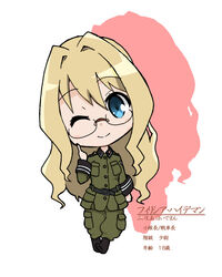  blonde_hair blue_eyes chibi commentary_request drop_shadow female filicia_heideman glasses helvetian_military_uniform long_hair military military_uniform one_eye_closed photoshop_(medium) shadow solo sonobashi_nogi sora_no_woto stats uniform 