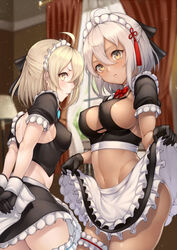  2girls ahoge alternate_costume apron arms_behind_back bangs banned_artist black_bow black_gloves blonde_hair blush bow breasts closed_mouth curtsey dark_skin enmaided fate/grand_order fate_(series) frills gloves hair_between_eyes hairbow half_updo koha-ace kyoeiki leg_garter looking_at_viewer maid maid_headdress medium_breasts multiple_girls navel okita_souji_(alter)_(fate) okita_souji_(fate) okita_souji_(fate)_(all) puffy_short_sleeves puffy_sleeves short_hair short_sleeves sideboob silver_hair small_breasts tan tassel thighs waist_apron wrist_cuffs yellow_eyes 