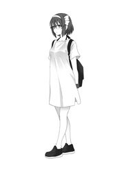  backpack bag bespectacled breasts closed_mouth dress female full_body glasses greyscale hair_between_eyes highres monochrome puyo_(puyotopia) ribbon shoes short_hair simple_background solo suzumiya_haruhi suzumiya_haruhi_no_yuuutsu white_background 