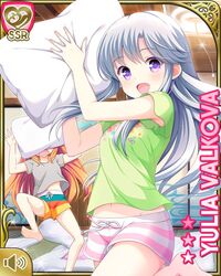  2girls arms_up barefoot brown_hair character_name floral_print futon girlfriend_(kari) green_shirt grey_hair grey_shirt holding in_the_face long_hair multiple_girls navel oerba_yun_fang official_art open_mouth pajamas pillow pillow_fight print_shirt purple_eyes qp:flapper shirt short_shorts shorts smile standing standing_on_one_leg striped_clothes striped_shorts toyonaga_hibiki yulia_valkova 