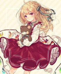  adapted_costume ahoge alternate_hair_length alternate_hairstyle blush bow bowtie braid commentary_request cowboy_shot female flandre_scarlet french_braid gradient_background hair_between_eyes hair_ribbon head_tilt highres holding holding_stuffed_toy layered_sleeves long_hair long_sleeves looking_at_viewer nail_polish neck_ribbon no_headwear own_hands_together petticoat pointy_ears purple_nails red_eyes ribbon shirt side_braid slit_pupils smile solo standing striped_background striped_bow striped_bowtie striped_clothes striped_ribbon stuffed_animal stuffed_toy teddy_bear touhou very_long_hair white_shirt wings yellow_background youtan 