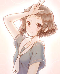  bluez brown_eyes brown_hair collarbone commentary female hyouka ibara_mayaka school_uniform short_hair smile solo v 