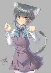  animal_ears bob_cut brown_eyes cat_ears cat_tail commentary_request dress female futami_kazuha green_hair grey_pantyhose kantai_collection kemonomimi_mode long_sleeves pantyhose school_uniform shirt short_hair short_hair_with_long_locks sidelocks sleeveless sleeveless_dress smile solo tail takanami_(kancolle) white_shirt 