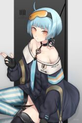  ahoge artist_name asymmetrical_legwear bare_shoulders black_choker black_legwear blue_hair blue_neckwear blush breasts buttons choker collarbone commentary_request double-breasted drum_(acta2436) earrings eyewear_on_head female fingerless_gloves girls&#039;_frontline gloves goggles goggles_on_head hand_up highres jewelry looking_at_viewer nail_polish off_shoulder orange_eyes short_hair small_breasts solo striped_clothes striped_thighhighs thighhighs uneven_legwear vertical-striped_clothes vertical-striped_thighhighs zas_m21_(girls&#039;_frontline) 