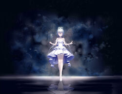  absurdres breasts cleavage closed_eyes commentary_request day dress female floating_hair full_body grey_hair hair_between_eyes high_heels highres holding long_hair luo_tianyi outdoors photoshop_(medium) pumps reflection reflective_water short_dress sky sleeveless sleeveless_dress small_breasts solo star_(sky) starry_sky twintails very_long_hair vocaloid vsinger white_dress white_footwear yaduo 