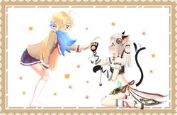  2girls ahoge animal_ears animal_hands bandeau blonde_hair blue_eyes blush cat_teaser chains commentary_request couple framed gem gloves green_eyes hair_ornament hair_ribbon highres hina_logi_-_from_luck_&amp;_logic kinaginagi liones_yelistratova long_hair looking_at_another looking_down looking_up midriff multiple_girls navel nina_alexandrovna no_shoes open_mouth paw_gloves paw_print ribbon short_shorts shorts single_thighhigh sitting socks tail tail_wagging thighhighs twintails wariza white_hair white_legwear white_shorts yuri 