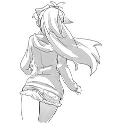  ass cropped_legs cutoffs denim denim_shorts female from_behind greyscale hood hoodie long_hair mahou_shoujo_madoka_magica mahou_shoujo_madoka_magica_(anime) monochrome ponytail running sakura_kyoko shorts solo thigh_gap uasi 