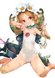  absurdres armpits ataruman barefoot blonde_hair bow_(weapon) braid brown_hair butterfly_wings crossbow dirty fairy flat_chest flower frog hair_flower hair_ornament highres leotard long_hair mercedes odin_sphere pointy_ears red_eyes simple_background sitting solo twin_braids wariza weapon wings 