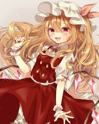  :d alternate_hair_length alternate_hairstyle arm_up blonde_hair bloomers blush bow bowtie commentary_request curled_fingers female flandre_scarlet grey_background hair_between_eyes hat hat_ribbon highres leaning_back long_hair looking_at_viewer mob_cap nail_polish neck_ribbon oerba_yun_fang one_side_up open_hand open_mouth pink_bow pink_bowtie pink_ribbon puffy_short_sleeves puffy_sleeves red_eyes red_nails red_skirt red_vest ribbon shirt short_sleeves skirt slit_pupils smile solo standing touhou underwear very_long_hair vest white_shirt wings wrist_cuffs youtan 