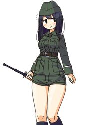  baton_(weapon) belt belt_buckle black_eyes black_hair blush breast_pocket brown_belt buckle buttons closed_mouth commentary_request expandable_baton female frown green_hat green_shorts hat holding holding_weapon long_sleeves maruput military military_uniform no_nose original pocket short_shorts shorts simple_background solo straight_hair thigh_gap thighs uniform weapon white_background 