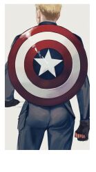  1boy ass ass_focus blonde_hair blue_pants captain_america captain_america_(series) chinese_commentary clenched_hand commentary_request cropped_legs from_behind highres long_sleeves male_focus marvel orihara0820 pants shield shield_on_back short_hair solo star_(symbol) steve_rogers 