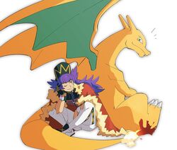  1boy baseball_cap cape champion_uniform charizard closed_mouth commentary dynamax_band facial_hair fire flame-tipped_tail fur-trimmed_cape fur_trim gloves hand_up hat highres leggings leon_(pokemon) long_hair male_focus morio_(poke_orio) notice_lines one_eye_closed pokemon pokemon_(creature) pokemon_swsh purple_hair red_cape shirt shoes shorts single_glove sitting smile symbol-only_commentary white_legwear white_shorts yellow_eyes 