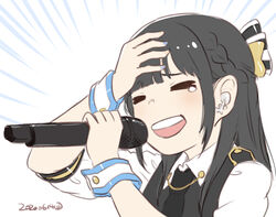  &gt;_&lt; :d black_hair black_vest blush bow braid closed_eyes earpiece female hairbow hand_on_own_forehead holding holding_microphone idolmaster idolmaster_million_live! microphone nagian open_mouth real_life round_teeth shirt simple_background smile solo tadokoro_azusa teeth upper_body vest voice_actor voice_actor_connection white_background white_shirt wrist_cuffs xd 