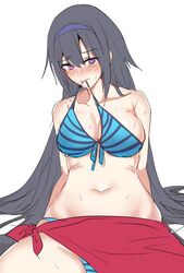  bad_id bad_pixiv_id bare_shoulders bikini black_hair blush breasts cleavage collarbone cosplay female girls&#039;_frontline hair_between_eyes hairband kuro_(tmdbin) large_breasts long_hair looking_at_viewer navel ntw-20_(girls&#039;_frontline) ntw-20_(girls&#039;_frontline)_(cosplay) ntw-20_(op._blazing_sun)_(girls&#039;_frontline) purple_eyes sitting solo super_sass_(girls&#039;_frontline) sweat swimsuit very_long_hair 