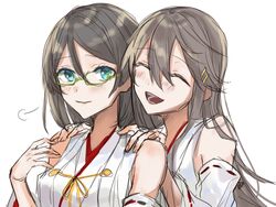  2girls ^_^ bare_shoulders black_hair blue_eyes closed_eyes commentary detached_sleeves green-framed_eyewear grey_hair hair_between_eyes hair_ornament hairclip haruna_(kancolle) highres kantai_collection kirishima_(kancolle) kirishima_kai_ni_(kancolle) long_hair looking_at_viewer multiple_girls nontraditional_miko short_hair simple_background upper_body white_background yamabuki0211 