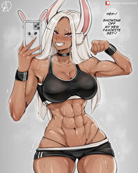  abs absurdres almualim artist_logo black_choker black_sports_bra blush boku_no_hero_academia breasts cellphone choker clenched_hand dark-skinned_female dark_skin english_text female flexing grey_background gym_uniform highres holding holding_phone large_breasts long_hair looking_at_viewer mirko muscular muscular_female panty_straps patreon_logo patreon_username phone red_eyes selfie simple_background smartphone solo speech_bubble sports_bra sweat teeth thighs watermark web_address white_hair 