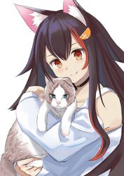  animal animal_ear_fluff animal_ears animal_hug bare_shoulders black_choker black_hair blue_eyes brown_eyes choker closed_mouth clothing_cutout commentary_request feline female hair_ornament head_tilt highres hololive long_sleeves looking_at_viewer multicolored_hair natsuki_(natukituki) official_alternate_costume ookami_mio ookami_mio_(casual) red_hair shirt shoulder_cutout simple_background smile solo_focus streaked_hair taiga_(ookami_mio) upper_body virtual_youtuber white_background white_shirt wolf_ears 