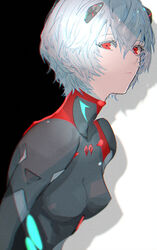  ayanami_rei black_bodysuit blue_hair bodysuit breasts cleavage closed_mouth female hageee hair_between_eyes headgear highres neon_genesis_evangelion perky_breasts plugsuit rebuild_of_evangelion red_eyes short_hair small_breasts solo turtleneck two-tone_background upper_body 