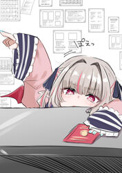  absurdres blue_nails blue_ribbon blush commentary_request female fingernails grey_hair hair_ribbon heart heart-shaped_pupils highres jacket lolicon long_sleeves looking_at_viewer makaino_ririmu makaino_ririmu_(4th_costume) multicolored_hair nail_polish nijisanji parted_lips pink_eyes pink_jacket pointing pointing_to_the_side ribbon sleeves_past_wrists solo streaked_hair symbol-shaped_pupils too_short translation_request utsusumi_kio virtual_youtuber 