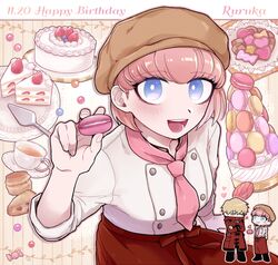  :d alternate_costume ando_ruruka apron arms_behind_back bad_id bad_pixiv_id beret blonde_hair blue_eyes blush brown_headwear buttons cake cake_slice candy character_name checkerboard_cookie chef cloak coat commentary_request cookie crossed_arms cupcake danganronpa_(series) danganronpa_3_(anime) double-breasted feeding female food fruit happy_birthday hat heart holding izayoi_sounosuke looking_at_viewer macaron macaron_tower multiple_views necktie open_mouth pink_hair pink_necktie red_apron red_coat scone shimada_(dmisx) short_hair smile solo_focus spatula strawberry strawberry_shortcake striped striped_background tea 