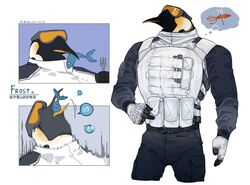  1boy beak belt bird bird_boy black_pants chinese_text cropped_legs eating fingerless_gloves fish fish_in_mouth furry furry_male gloves goggles goggles_on_head highres k-bone male_focus multiple_views muscular muscular_male no_eyes original pants penguin penguin_boy squid thought_bubble translation_request vest white_background 