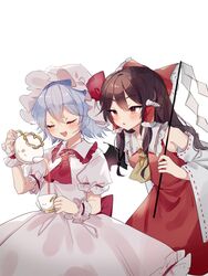  2girls ascot bare_shoulders blue_hair blush bow breasts brown_eyes brown_hair closed_eyes collared_dress cup detached_sleeves dress frills gohei hair_between_eyes hair_ornament hair_tubes hakurei_reimu hand_up hands_up hat hat_ribbon highres kettle long_sleeves looking_at_another medium_breasts medium_hair mob_cap multiple_girls open_mouth pink_dress pink_sleeves puffy_short_sleeves puffy_sleeves red_ascot red_bow red_dress red_ribbon remilia_scarlet ribbon short_hair short_sleeves simple_background smile sorani_(kaeru0768) standing tea touhou white_background white_headwear wide_sleeves wrist_cuffs yellow_ascot 