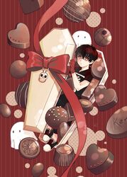  1boy absurdres black_hair black_shirt bow candy chocolate coffin copyright_name food gloves heart heart-shaped_chocolate highres kemono_jihen kusaka_kabane male_focus mululeee red_background red_bow red_eyes red_gloves red_ribbon ribbon shirt shoes short_sleeves sneakers solo valentine 