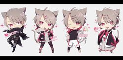  +_+ 1boy :o absurdres animal_ear_fluff animal_ears apex_legends black_bodysuit black_jacket black_pants bodysuit brown_hair cat_boy cat_ears character_name chibi cosplay eyebrows_hidden_by_hair grey_background grey_hair grey_hoodie highres holding holding_knife hood hoodie hope&#039;s_dusk_(apex_legends) jacket japanese_clothes kimono knife kunai letterboxed male_focus multiple_views one_eye_closed open_mouth original pants red_eyes red_hair shirasu_uni shoes sneakers sparkle v-shaped_eyebrows weapon wraith_(apex_legends) wraith_(apex_legends)_(cosplay) yufuna 