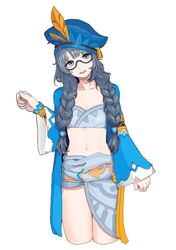  blue_headwear braid female flat_chest glasses grey_hair hat_feather long_sleeves looking_at_viewer lost_ark midriff navel solo standing twin_braids white_background wide_sleeves yaodyalu zahara_(lost_ark) 