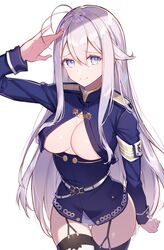  86_-eightysix- absurdres ahoge arm_at_side arm_up bad_id bad_pixiv_id belt blue_eyes breasts cleavage closed_mouth commentary female garter_straps hair_between_eyes highres insignia long_hair looking_at_viewer medium_breasts military military_uniform no_pants o-ring o-ring_belt open_clothes open_shirt raised_eyebrows rikoma salute sidelocks simple_background skindentation smile solo thigh_gap thighhighs thighs underboob uniform very_long_hair vladilena_millize white_background white_belt white_hair 