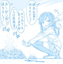  1other abyssal_ship asashio_(kancolle) blue_theme commentary female fire gotou_hisashi i-class_destroyer kantai_collection kuchiku_i-kyuu leaf leaf_pile long_hair long_sleeves monochrome open_mouth pleated_skirt shoes skirt smile speech_bubble thighhighs translated 