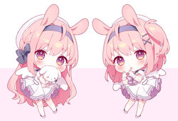  2girls :o a20_(atsumaru) animal_ears bad_id bad_pixiv_id beret black_bow black_hairband black_sailor_collar blush bow braid chibi commentary_request covered_mouth dress hair_ornament hairband hairbow hairclip hat heart heart_hands indie_virtual_youtuber long_hair looking_at_viewer mini_wings multiple_girls official_art one_side_up parted_lips pink_background pink_hair pleated_dress purple_eyes rabbit_ears rabbit_hair_ornament sailor_collar sailor_dress shoes short_sleeves tomomo_mimiko two-tone_background very_long_hair virtual_youtuber white_background white_dress white_footwear white_headwear white_wings wings x_hair_ornament 