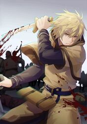  al_(ahr) battle belt black_shirt blonde_hair blood blood_on_clothes blood_on_weapon brown_tunic dagger dual_wielding fighting_stance gradient_background grey_background hair_between_eyes highres holding holding_weapon knife long_sleeves male_focus messy_hair sheath shirt thorfinn upper_body vinland_saga weapon yellow_eyes 