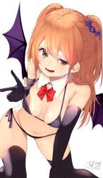  :d all_fours bare_shoulders bat_hair_ornament bikini black_bikini black_gloves black_thighhighs bow breasts brown_hair chita_(ketchup) collar commentary_request demon_wings detached_collar elbow_gloves female gloves hair_between_eyes hair_ornament highres long_hair looking_at_viewer navel original purple_wings red_bow side-tie_bikini_bottom signature simple_background small_breasts smile solo swimsuit thighhighs two_side_up white_background white_collar wing_collar wings 