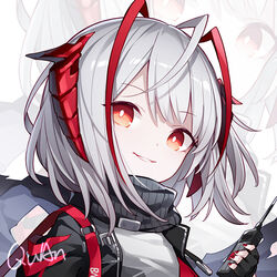  antenna_hair arknights black_jacket detonator female fingerless_gloves gloves grey_hair grey_shirt grin holding horns jacket looking_at_viewer open_clothes open_jacket portrait quan_(kurisu_tina) red_eyes red_nails scarf shirt short_hair smile solo w_(arknights) zoom_layer 