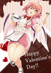  :d ahoge alternate_costume animal_ears bird_ears bird_wings black_footwear bow bowl bowtie brown_eyes candy chocolate chocolate_bar chocolate_making commentary cooking dress english_text female food food-themed_background full_body happy_valentine heart highres holding holding_bowl looking_at_viewer mixing_bowl moja_(moja4192) mystia_lorelei open_mouth panties pink_dress pink_hair puffy_short_sleeves puffy_sleeves red_bow red_bowtie short_hair short_sleeves smile solo spatula standing striped tabard thighs touhou underwear valentine white_legwear white_panties white_wings wings 