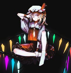  ;| ascot blonde_hair bow crystal female flandre_scarlet frilled_shirt_collar frills full_body hand_on_own_ankle hat hat_bow highres looking_at_viewer medium_hair mob_cap on_(_l0_) puffy_short_sleeves puffy_sleeves red_bow red_eyes red_skirt red_vest ribbon_trim shirt short_sleeves sitting skirt skirt_set socks solo touhou vest white_hat white_shirt white_socks wings wrist_cuffs 