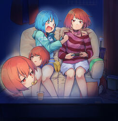  2girls alternate_costume bag blue_hair casual choker coffee_table contemporary controller couch disembodied_head drink floating_head game_controller ginnkei glass handbag heterochromia highres holding holding_controller hood hoodie indoors long_sleeves multiple_girls off_shoulder open_mouth playing_games red_eyes red_hair red_shirt scared sekibanki shirt short_hair shorts sitting striped_clothes striped_shirt table tatara_kogasa tears touhou trash_can umbrella white_shorts 