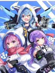  3girls absurdres animal_hood apex_legends beret black_beret black_gloves black_skirt blue_eyes blue_hair blue_skirt blush breasts cat_hood commentary_request cosplay fingerless_gloves gloves green_eyes gun hair_between_eyes hair_bun hat highres holding holding_gun holding_knife holding_weapon hololive hood hood_up hoodie hope&#039;s_dusk_(apex_legends) hoshimachi_suisei hoshimachi_suisei_(school_uniform) index_finger_raised jetpack knife long_hair looking_at_viewer medium_breasts minato_aqua minato_aqua_(sailor) missile_pod multicolored_hair multiple_girls official_alternate_costume one_eye_closed open_mouth p2020_(pistol) pink_hair pose purple_eyes purple_hair red_scarf scarf shirt sidelocks single_hair_bun skirt small_breasts smile soma443 startend_(hololive) streaked_hair tokoyami_towa valkyrie_(apex_legends) valkyrie_(apex_legends)_(cosplay) virtual_youtuber weapon white_hoodie white_shirt 