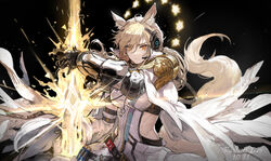  ahoge animal_ear_fluff animal_ears arknights black_background blonde_hair bracer commentary dress female headset long_hair looking_at_viewer nearl_(arknights) nearl_the_radiant_knight_(arknights) official_alternate_costume originium_arts_(arknights) ryuuzaki_ichi simple_background solo tail upper_body white_dress yellow_eyes 