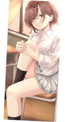  absurdres bad_id bad_pixiv_id black_socks brown_hair classroom commentary female grey_skirt hair_between_eyes hair_ornament hairpin highres higuchi_madoka idolmaster idolmaster_shiny_colors indoors ka1se1 kneehighs long_sleeves looking_at_viewer parted_lips pleated_skirt purple_hair school_uniform shirt short_hair sitting skirt socks solo uniform white_shirt window 