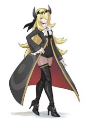  absurdres belt black_belt black_footwear blonde_hair boots buttons closed_mouth coat cynthia_(pokemon) cynthia_(sygna_suit)_(renegade)_(pokemon) eyelashes female frills full_body grey_coat grey_eyes hair_over_one_eye hand_on_own_hip high_heel_boots high_heels highres horns kakikuyeko3181 long_hair long_sleeves neck_ribbon open_clothes open_coat pantyhose pokemon pokemon_masters_ex ribbon simple_background smile solo standing thigh_boots white_ribbon 