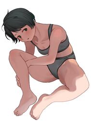  barefoot black_hair breasts feet female green_eyes grey_panties grey_sports_bra kantai_collection mogami_(kancolle) panties short_hair simple_background sitting small_breasts soles solo sports_bra swept_bangs toes tooku_nomura_(artist) underwear underwear_only white_background 