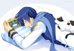  1boy artist_name blue_hair blue_scarf closed_eyes coat commentary feline handheld_game_console headset holding holding_handheld_game_console kaito_(vocaloid) lying male_focus nokuhashi on_stomach pillow polka_dot polka_dot_background scarf sleeping vocaloid white_cat white_coat 