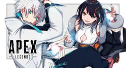  1boy apex_legends black_hair black_jacket blue_eyes blue_pants breasts cleavage cleavage_cutout clothing_cutout electricity female fur_trim gloves highres holding holding_knife hope&#039;s_dusk_(apex_legends) indie_virtual_youtuber jacket knife kunai large_breasts logo open_hands open_mouth orange_eyes orange_nails pants reignite shirasu_(mashiro_(rikuya)) shirasu_uni smile tempplex v-shaped_eyebrows virtual_youtuber weapon white_gloves 