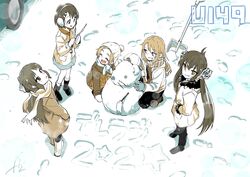  5girls black_hair blurry bokeh coat commentary_request depth_of_field earmuffs fingerless_gloves footprints from_above fur-trimmed_coat fur_trim gloves hand_in_pocket highres idolmaster idolmaster_cinderella_girls idolmaster_cinderella_girls_u149 kyouno looking_afar looking_at_another looking_at_viewer matoba_risa multiple_girls orange_hair ryuzaki_kaoru sasaki_chie scarf shovel smile snow snowman tachibana_arisu winter winter_clothes yuuki_haru 