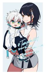  1boy aged_down black_hair black_pants blue_eyes blue_hair breasts cleavage cleavage_cutout clothing_cutout colored_inner_hair commentary crop_top female grey_hair grey_skirt highres indie_virtual_youtuber jacket lifting_person looking_at_viewer multicolored_hair oerba_yun_fang open_mouth orange_eyes pants reignite shirasu_(mashiro_(rikuya)) shirasu_uni skin_fang skirt smile sweatpants tempplex translation_request v-shaped_eyebrows virtual_youtuber white_hair white_jacket 