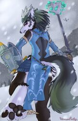  2023 anthro anthrofied arm_warmers armwear avian black_pawpads blue_clothing blue_dress blue_eyes blush brown_body brown_fur canid canine canis clothed clothing crossdressing detailed_background digitigrade dress duo ear_piercing femboy frostbite_armor fur headgear headwear hi_res holding_melee_weapon holding_object holding_shield holding_sword holding_weapon jewelry looking_at_viewer looking_back looking_back_at_viewer male mammal melee_weapon multicolored_body multicolored_fur nintendo outside pawpads paws piercing punkpega rear_view rito shield snow solo_focus sword tail the_legend_of_zelda tulin_(tloz) two_tone_body two_tone_fur weapon white_body white_fur wolf wolf_link 