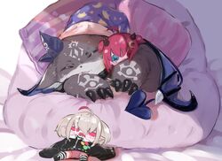  ahoge bean_bag_chair button_eyes buttons character_doll closed_eyes creature debidebi_debiru demon drooling hat highres horns hugging_object makaino_ririmu makaino_ririmu_(2nd_costume) nightcap nijisanji no_humans sleeping smile utsusumi_kio virtual_youtuber yuzuki_roa 